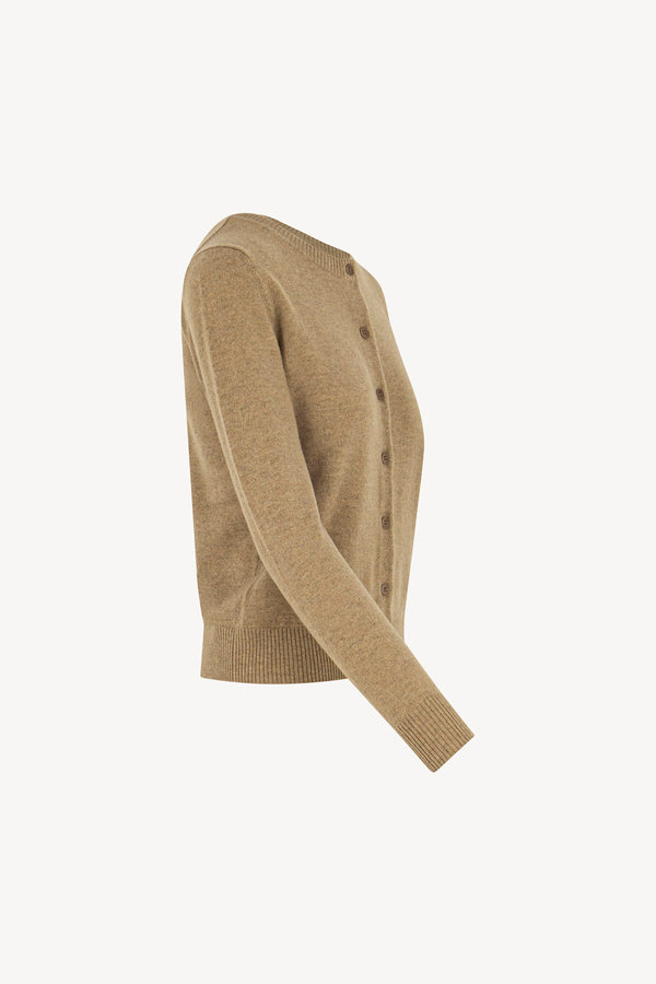 Cardigan Girocollo con gros-grain in Puro Cashmere Dune