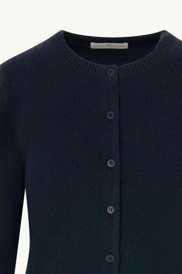 Cardigan Girocollo con gros-grain in Puro Cashmere Notte