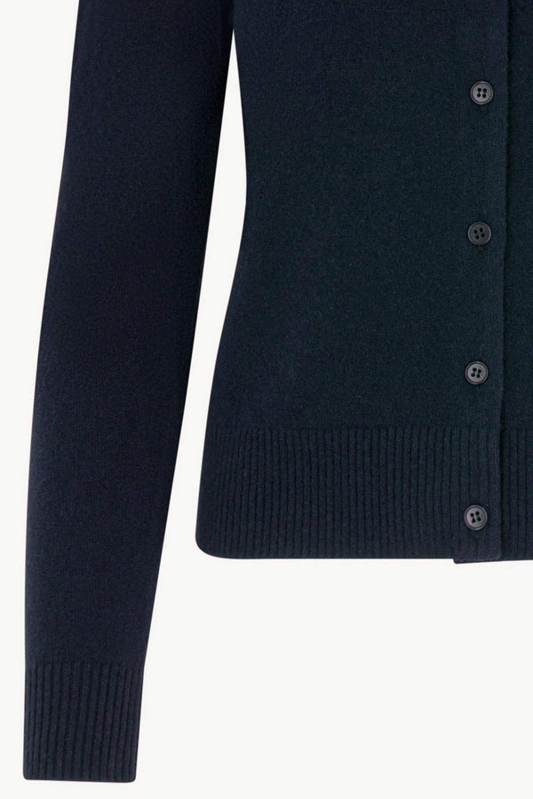 Cardigan Girocollo con gros-grain in Puro Cashmere Notte