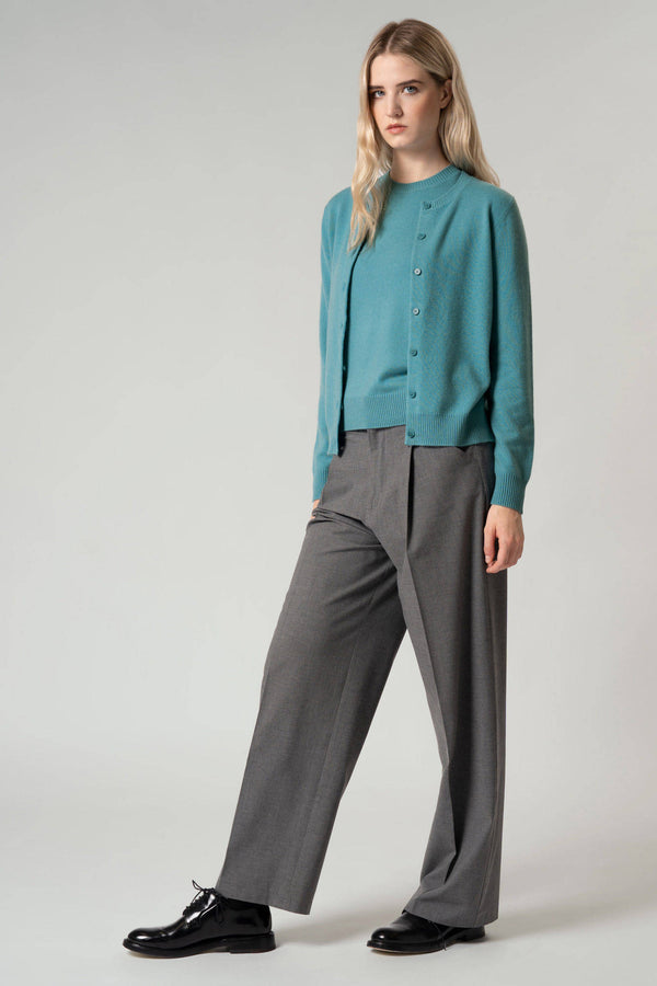 Cardigan Girocollo con gros-grain in Puro Cashmere Notte