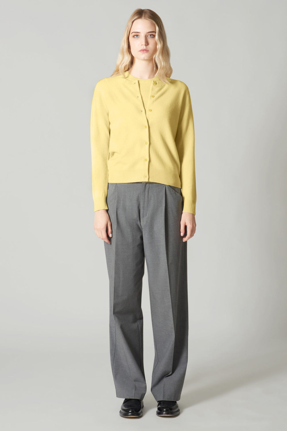 Cardigan Girocollo con gros-grain in Puro Cashmere Vanilla