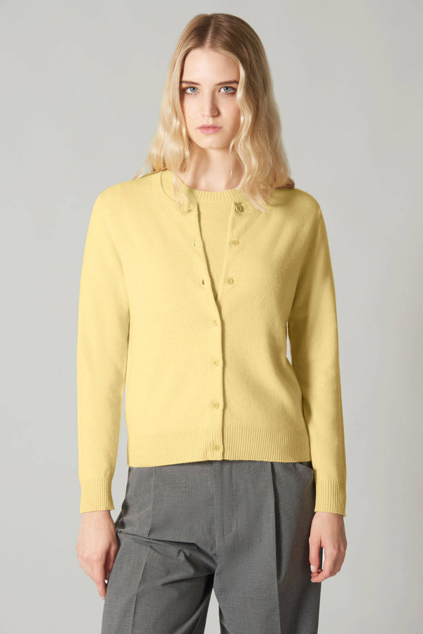 Cardigan Girocollo con gros-grain in Puro Cashmere Vanilla