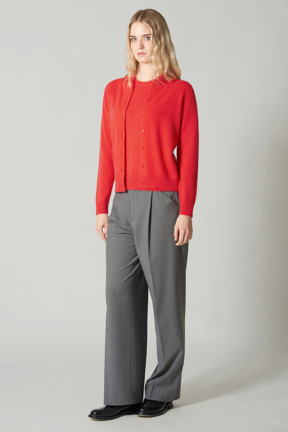 Cardigan Girocollo con gros-grain in Puro Cashmere Bitter