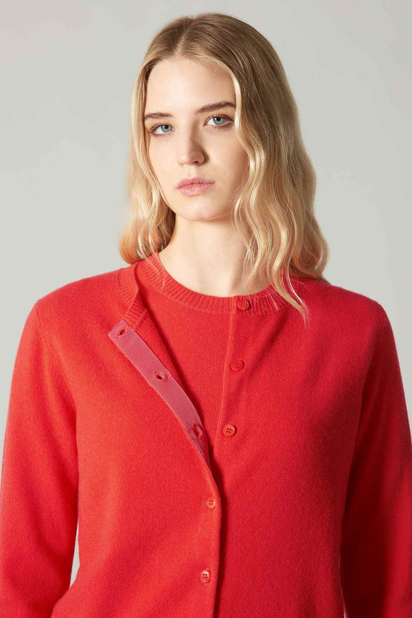 Cardigan Girocollo con gros-grain in Puro Cashmere Bitter