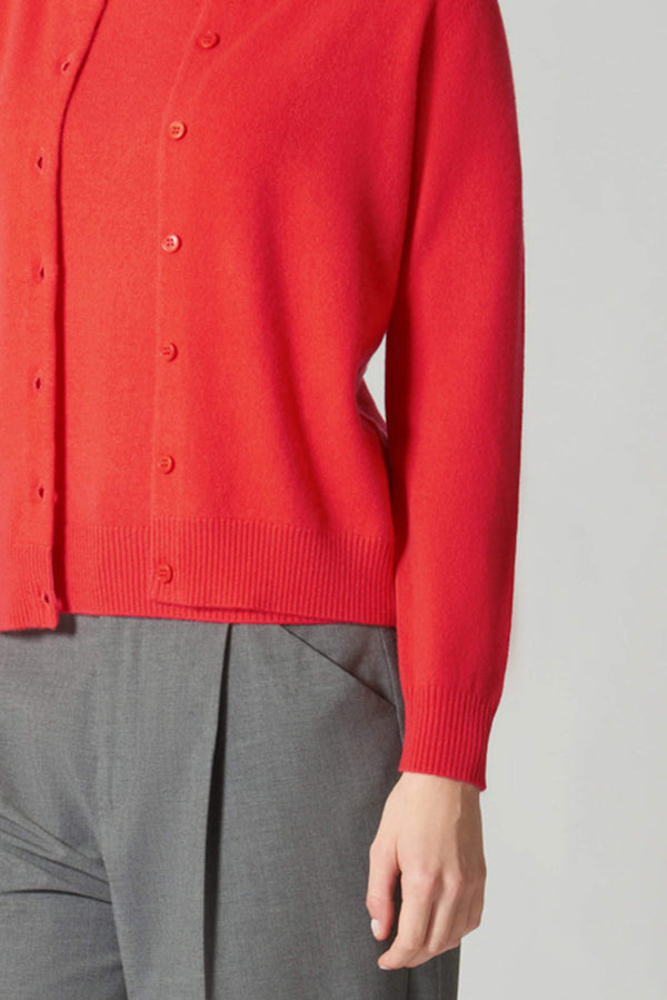 Cardigan Girocollo con gros-grain in Puro Cashmere Bitter