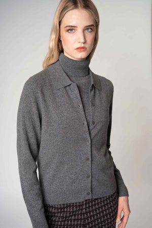 Cardigan collo a Camicia con gros-grain in Puro Cashmere Nero