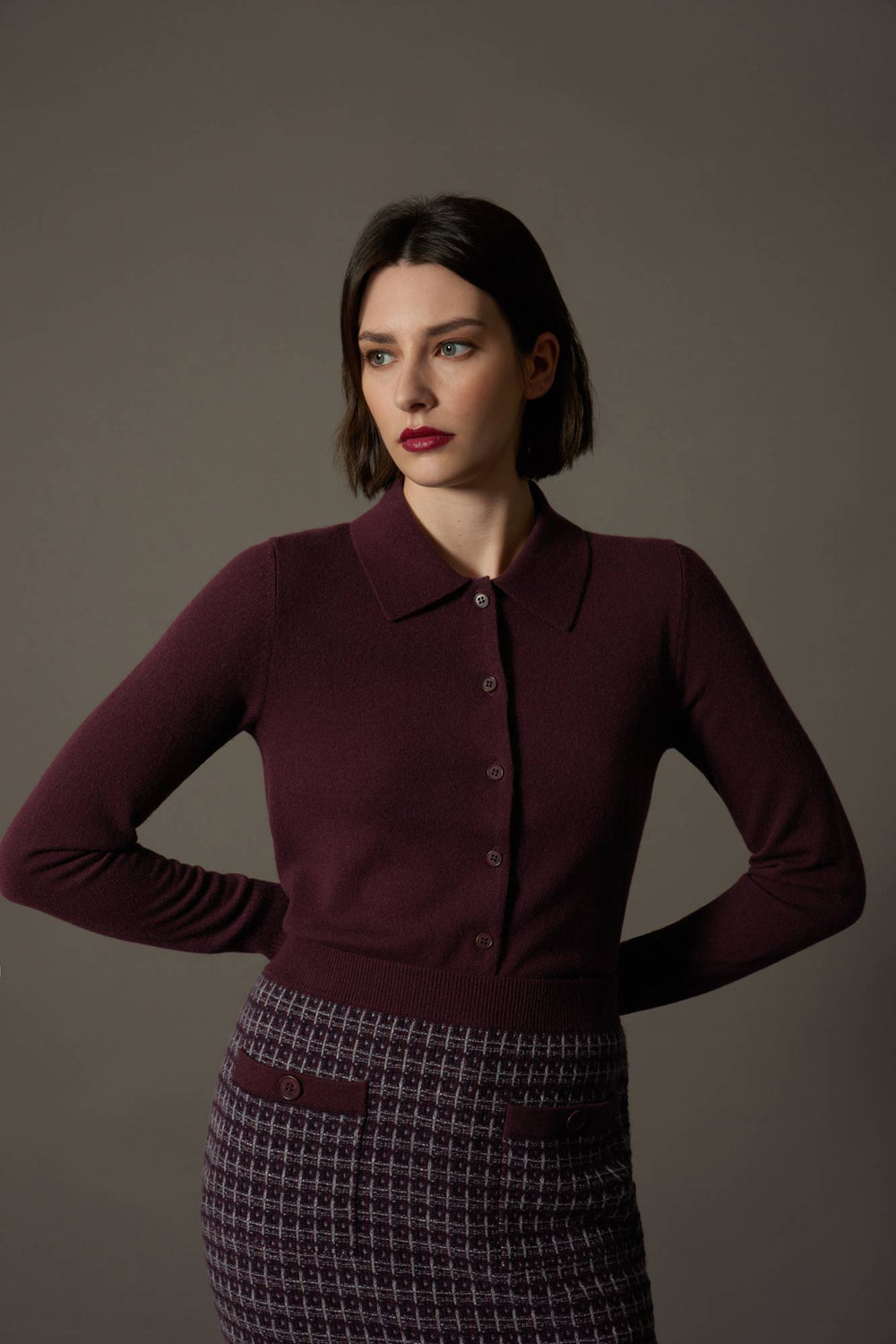 Cardigan collo a Camicia con gros-grain in Puro Cashmere Acero