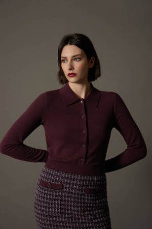 Cardigan collo a Camicia con gros-grain in Puro Cashmere Acero