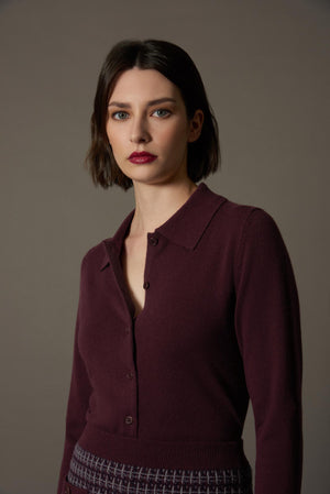 Cardigan collo a Camicia con gros-grain in Puro Cashmere Acero