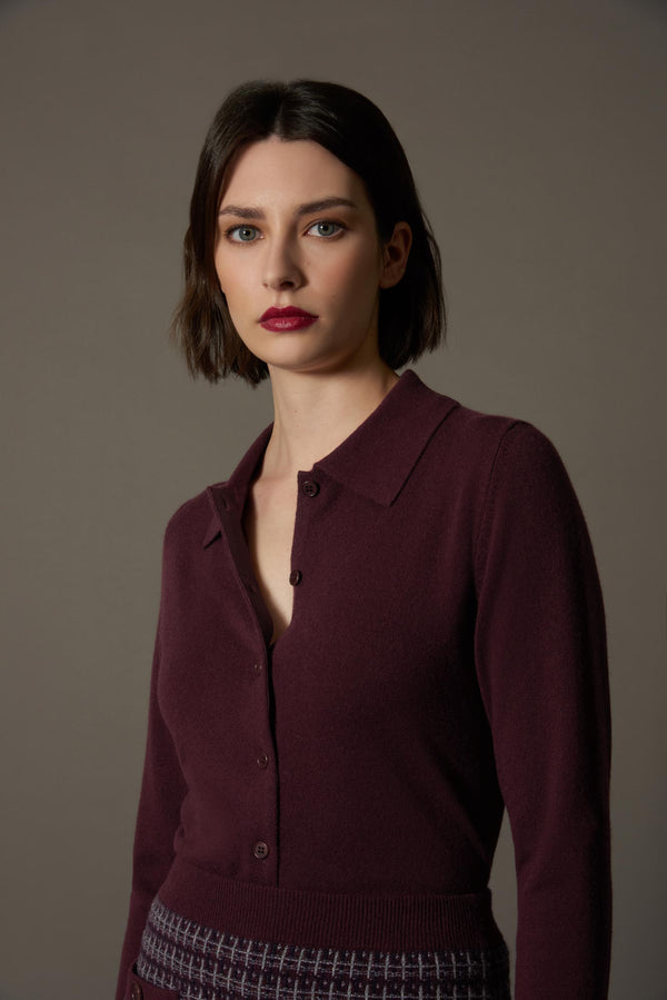 Cardigan collo a Camicia con gros-grain in Puro Cashmere Acero