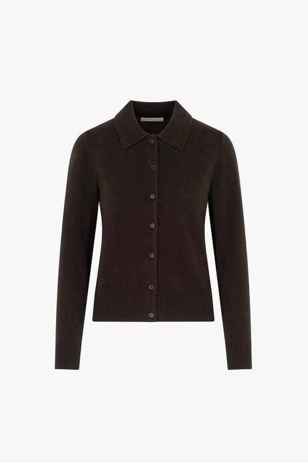 Cardigan collo a Camicia con gros-grain in Puro Cashmere Mocha