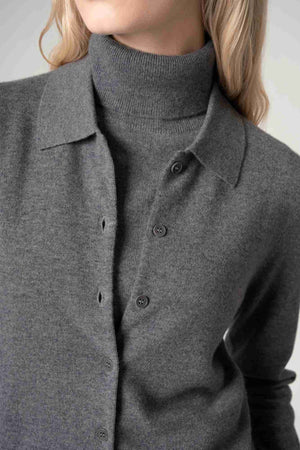Cardigan collo a Camicia con gros-grain in Puro Cashmere Derby