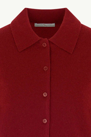 Cardigan collo a Camicia con gros-grain in Puro Cashmere Rubino