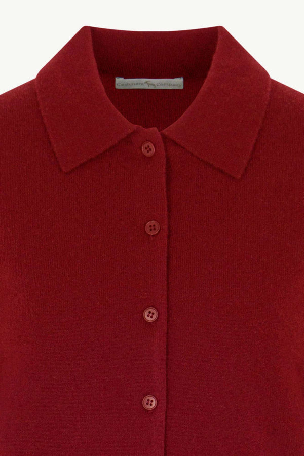 Cardigan collo a Camicia con gros-grain in Puro Cashmere Rubino