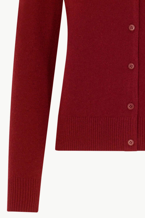 Cardigan collo a Camicia con gros-grain in Puro Cashmere Rubino