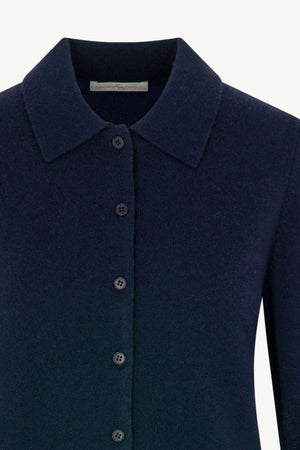 Cardigan collo a Camicia con gros-grain in Puro Cashmere Notte