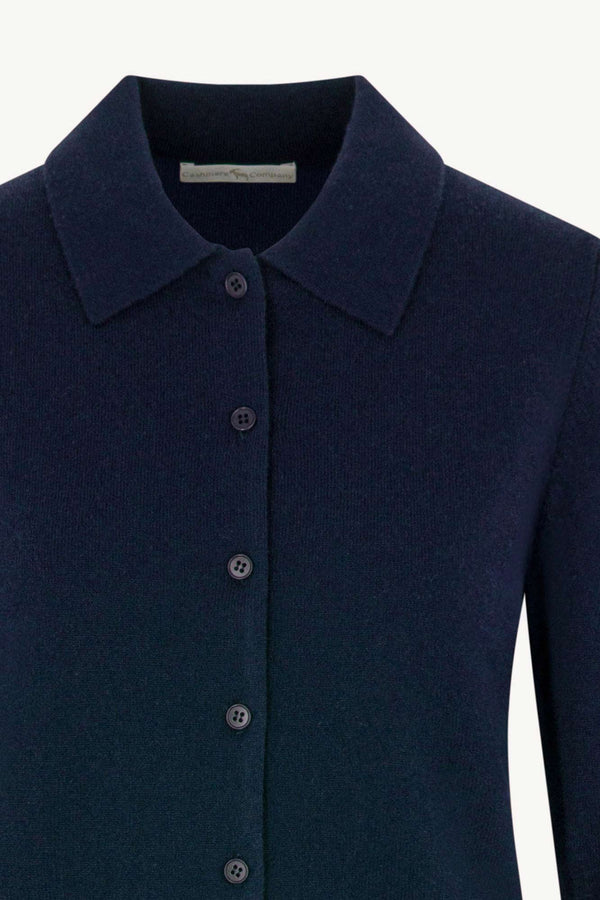 Cardigan collo a Camicia con gros-grain in Puro Cashmere Notte