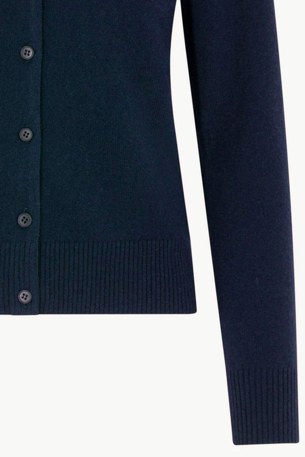 Cardigan collo a Camicia con gros-grain in Puro Cashmere Notte