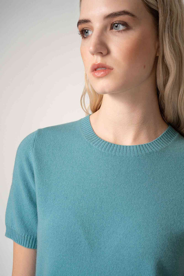 Girocollo Mezza Manica in Puro Cashmere Turchese