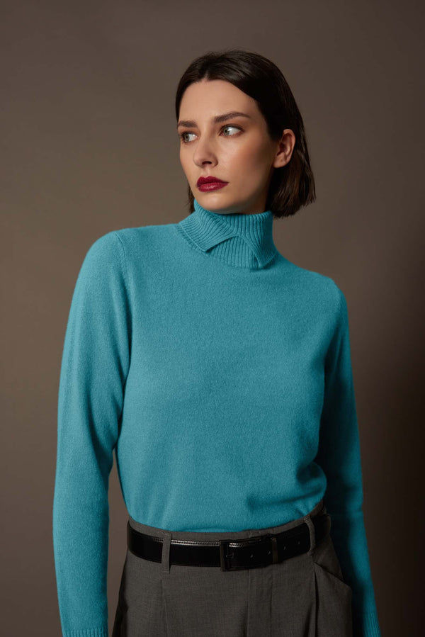 Dolcevita con Spacchetto in Puro Cashmere Turchese
