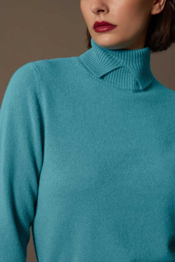 Dolcevita con Spacchetto in Puro Cashmere Turchese