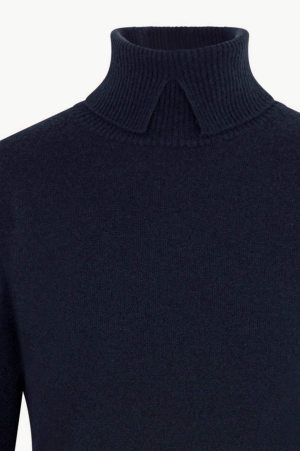 Midnight Blue Pure Cashmere Turtleneck Sweater with Neck Slit