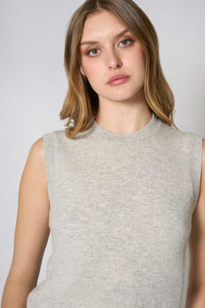 Pearl Gray Pure Cashmere Sleeveless Crew Neck Sweater