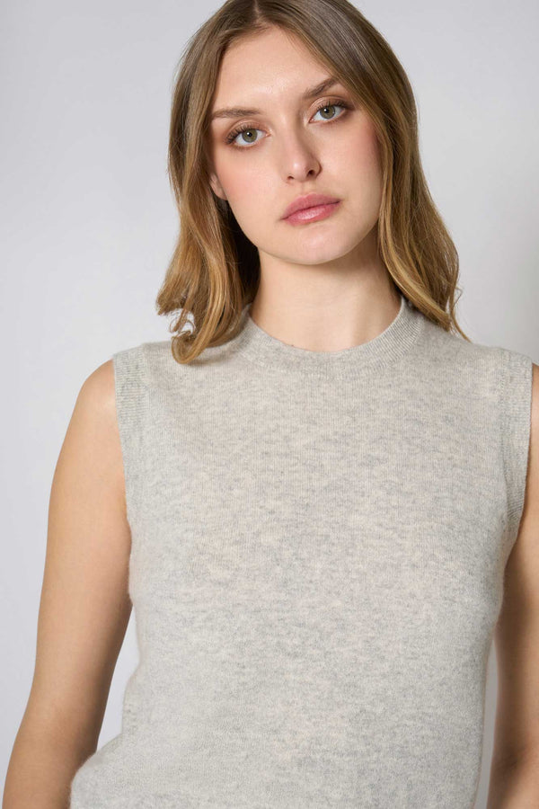 Pearl Gray Pure Cashmere Sleeveless Crew Neck Sweater