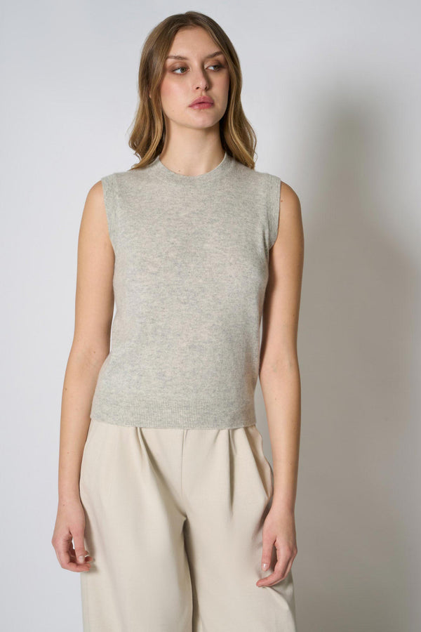Pearl Gray Pure Cashmere Sleeveless Crew Neck Sweater