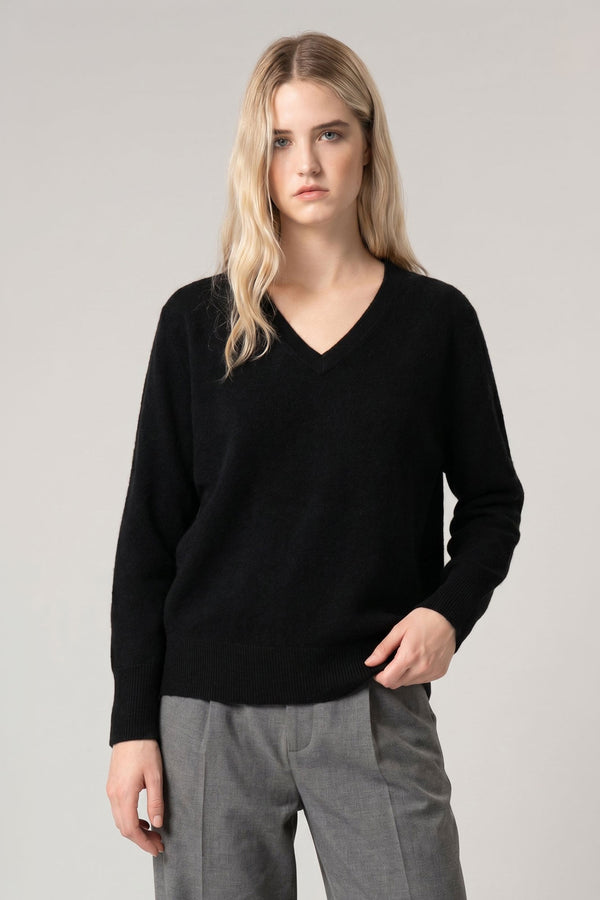 Pullover Scollo a V in Puro Cashmere Nero
