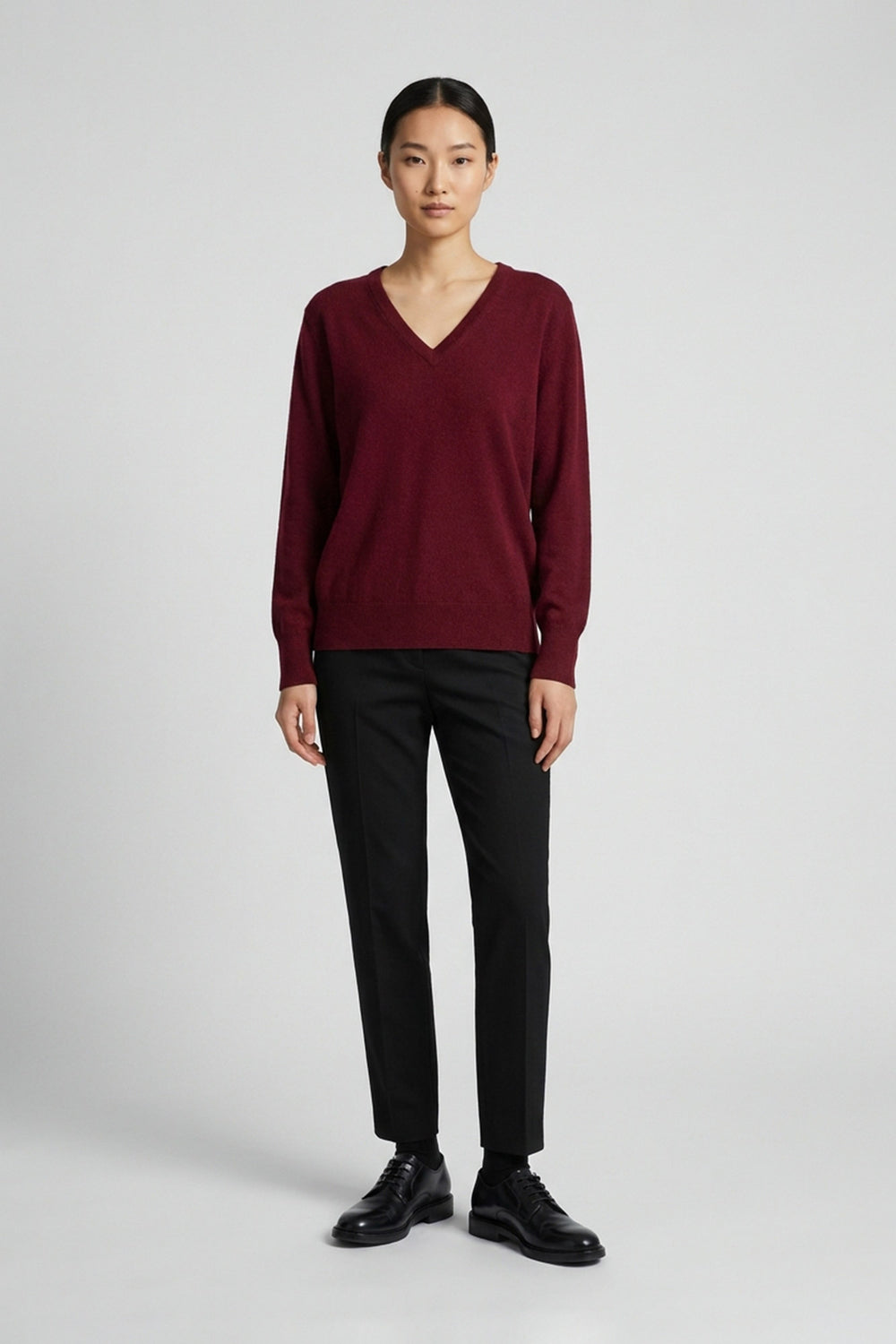 Dark Red Pure Cashmere V-neck Pullover