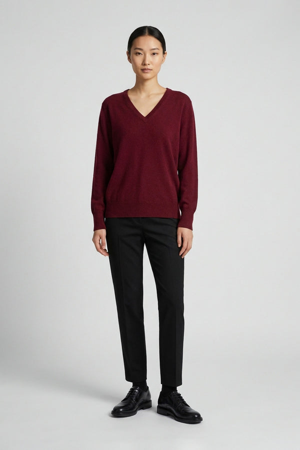 Dark Red Pure Cashmere V-neck Pullover
