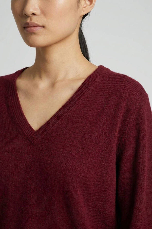 Dark Red Pure Cashmere V-neck Pullover