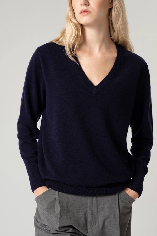 Pullover Scollo a V in Puro Cashmere Notte