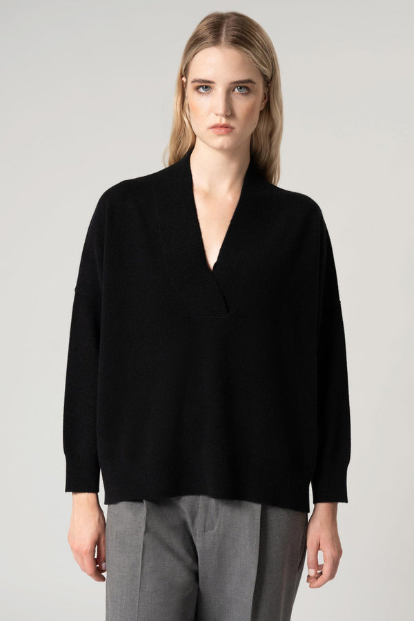 Maglia Over Collo a Scialle in Puro Cashmere Acero