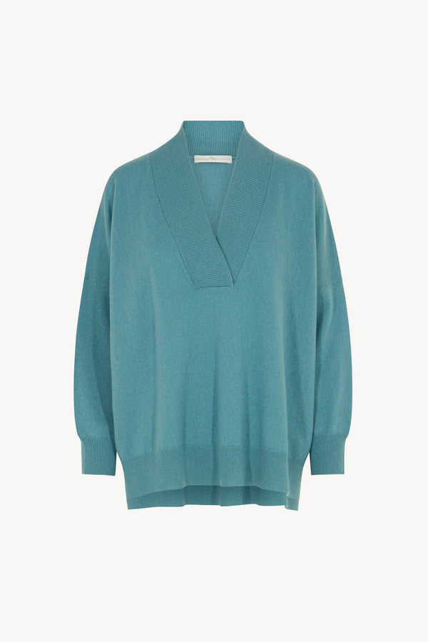 Maglia Over Collo a Scialle in Puro Cashmere Turchese
