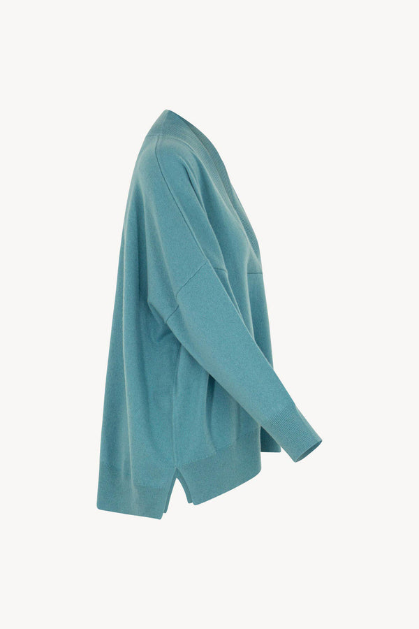 Maglia Over Collo a Scialle in Puro Cashmere Turchese