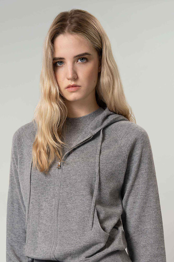 Felpa Donna con Cappuccio in Puro Cashmere Silver