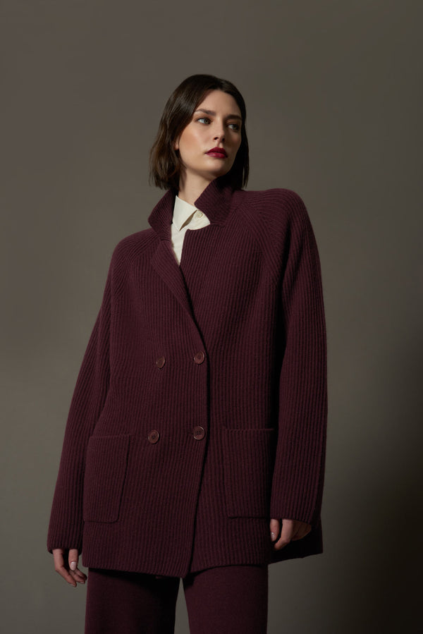 Cardigan Doppiopetto a Costa Inglese in Puro Cashmere Acero