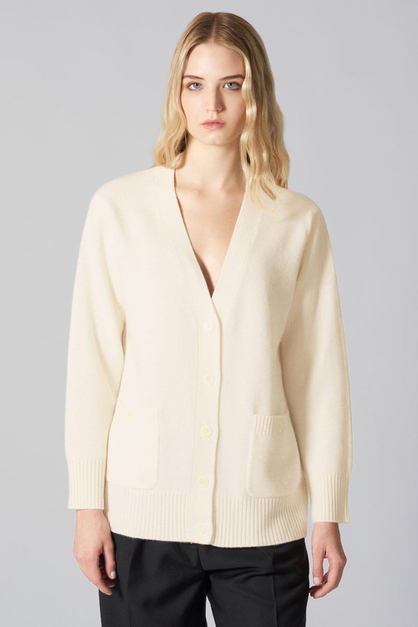 Cardigan Scollo a V in Puro Cashmere Latte