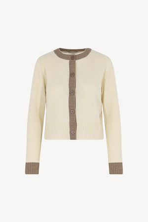 Cardigan con Bordi a Contrasto in Puro Cashmere Latte