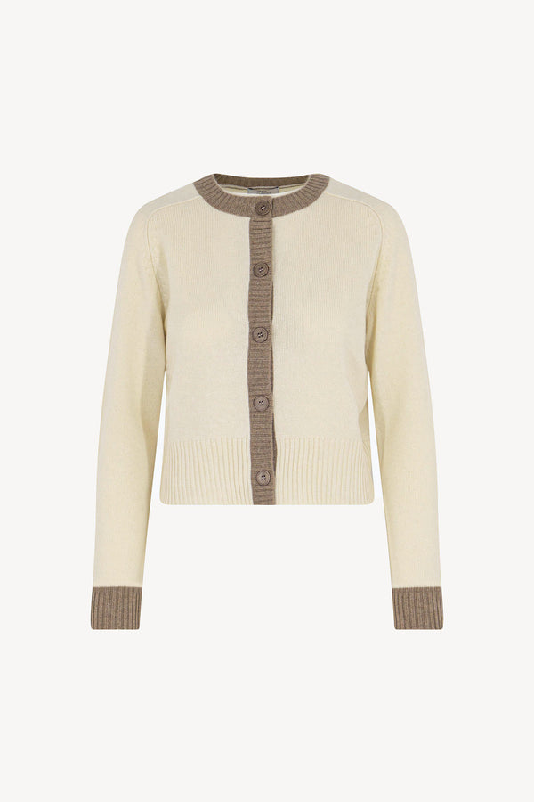 Cardigan con Bordi a Contrasto in Puro Cashmere Latte