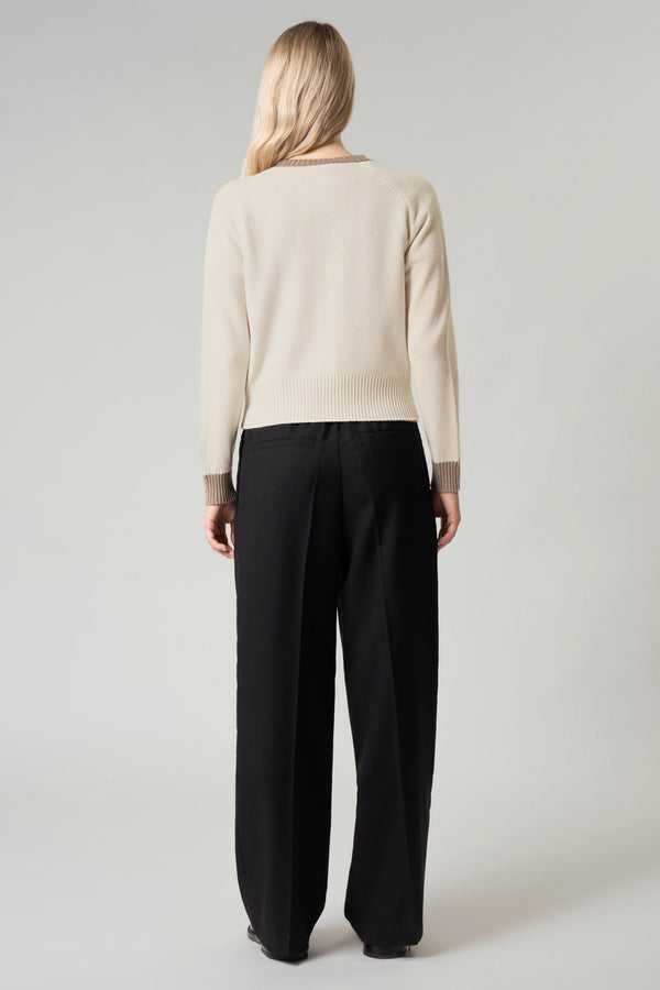 Cardigan con Bordi a Contrasto in Puro Cashmere Latte