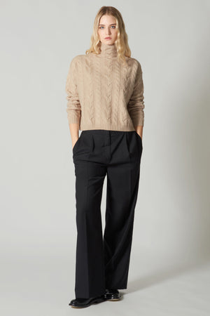 Maglia Lupetto a Trecce in Puro Cashmere Nero