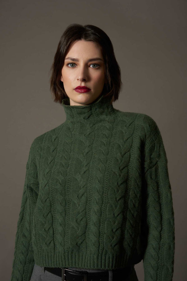 Maglia Lupetto a Trecce in Puro Cashmere Loden