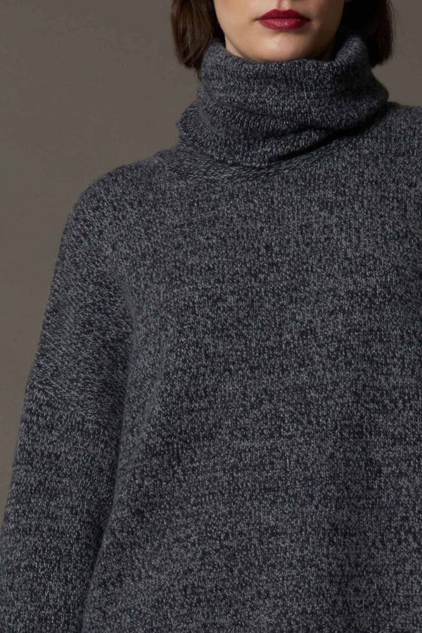 Maglia 8 fili con Collo ad Anello in Puro Cashmere Moulinè Notte