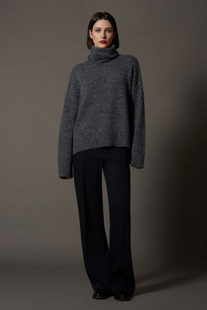 Maglia 8 fili con Collo ad Anello in Puro Cashmere Moulinè Acero