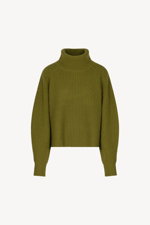 Olive Green Pure Cashmere 8-Ply English Rib Knit Turtleneck Sweater
