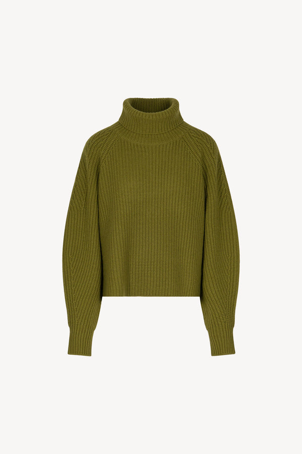Olive Green Pure Cashmere 8-Ply English Rib Knit Turtleneck Sweater