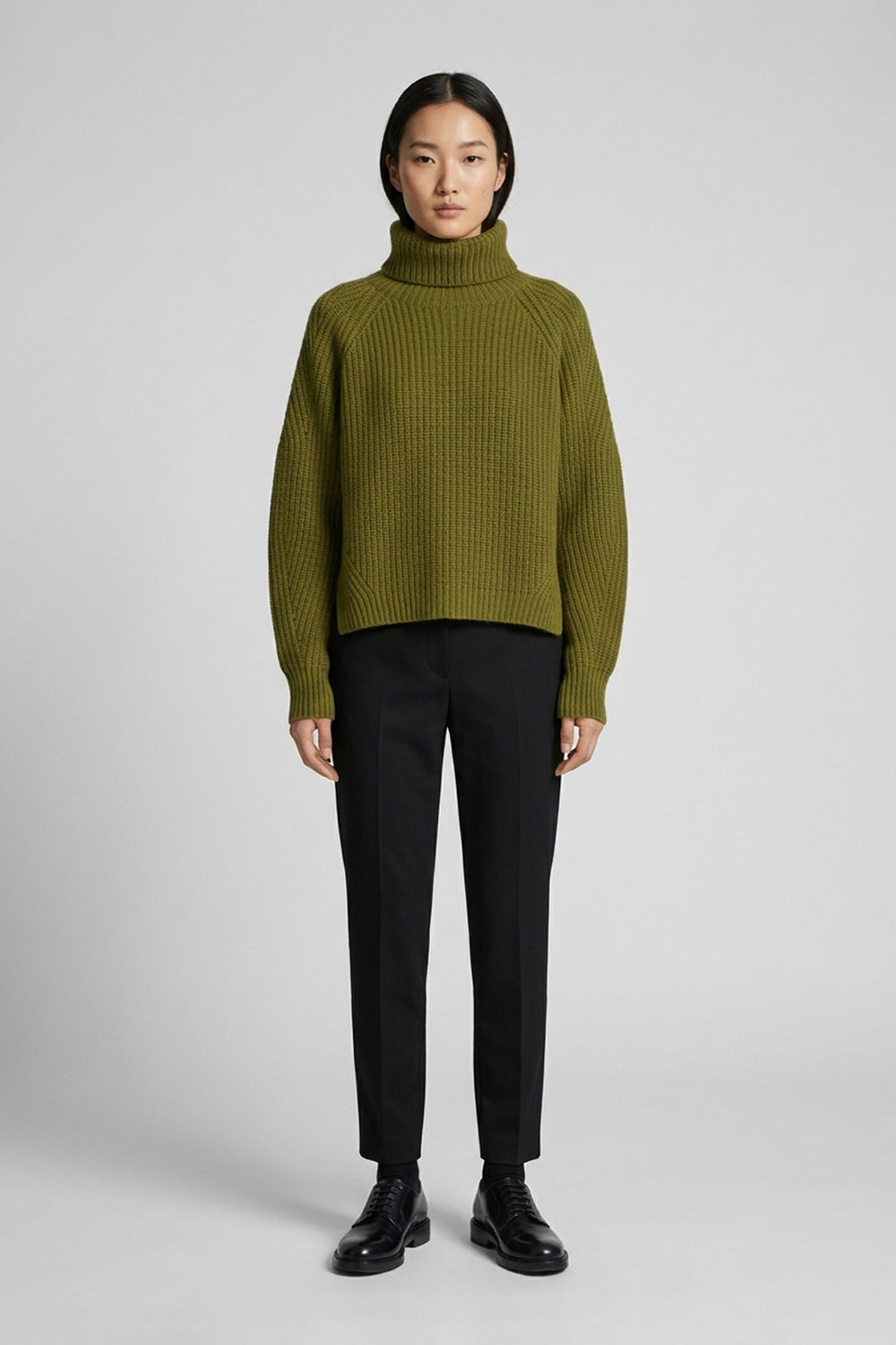 Olive Green Pure Cashmere 8-Ply English Rib Knit Turtleneck Sweater